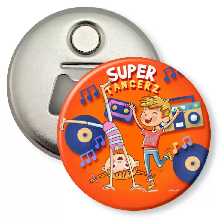 przypinka otwieracz-magnes Odznaka Super Tancerza na pomarańczowym tle