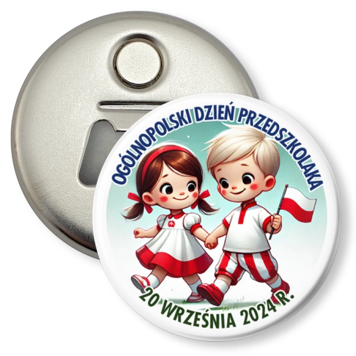 przypinka otwieracz-magnes Ogólnopolski Dzien Przedszkolaka z choragiewką