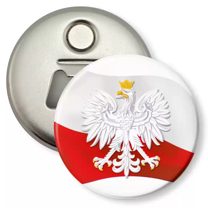 przypinka otwieracz-magnes Orzeł w koronie na tle powiewającej flagi Polski
