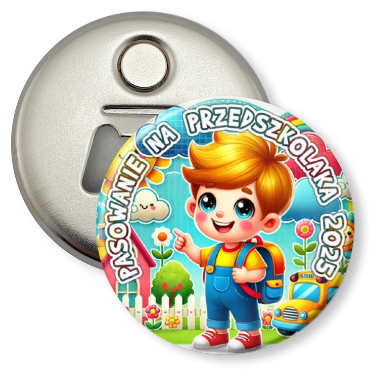 przypinka otwieracz-magnes Pasowanie na przedszkolaka chlopiec