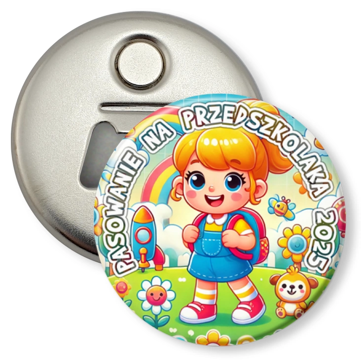 przypinka otwieracz-magnes Pasowanie na przedszkolaka dziewczynka