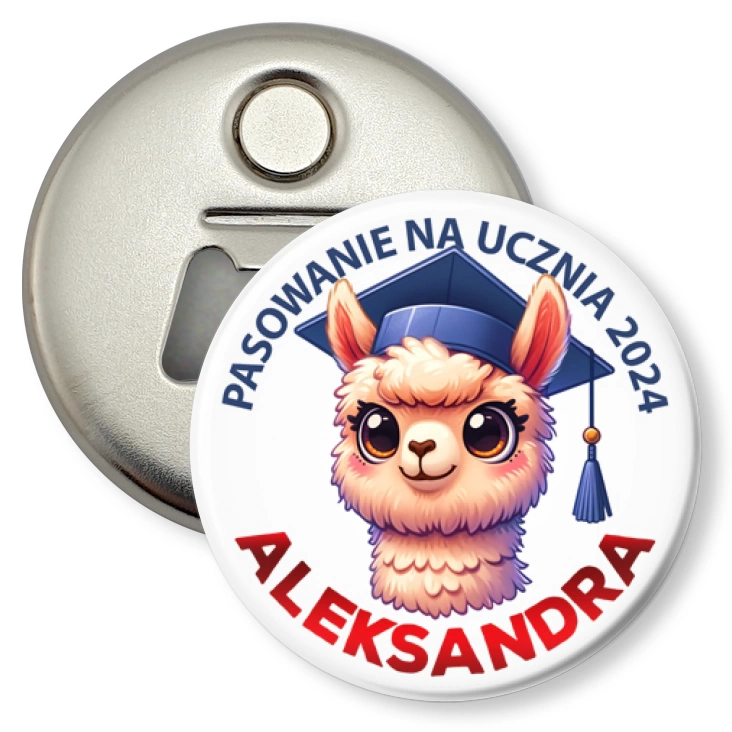 przypinka otwieracz-magnes Pasowanie na ucznia alpaka z imieniem