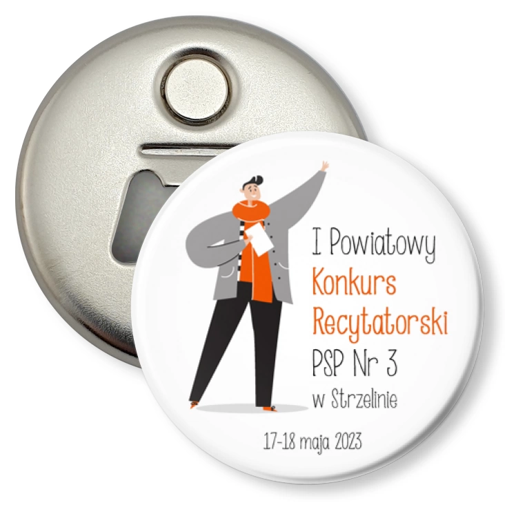 przypinka otwieracz-magnes Pierwszy Powiatowy Konkurs Recytatorski PSP nr 3 w Strzelinie