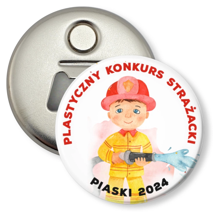 przypinka otwieracz-magnes Plastyczny Konkurs Strażacki Piaski 2024