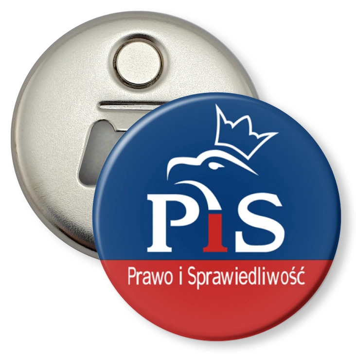 przypinka otwieracz-magnes Prawo i Sprawiedliwość PiS logo w inwersji