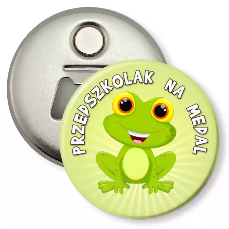 przypinka otwieracz-magnes Przedszkolak na medal grupa żabki