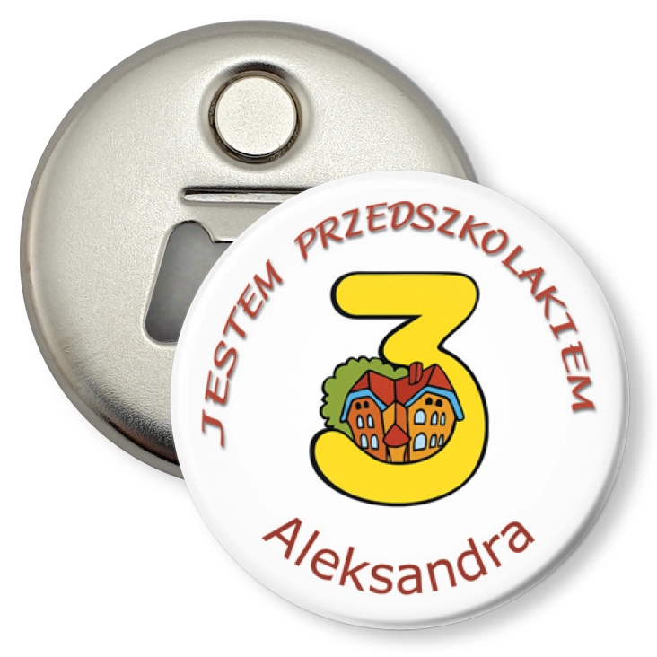 przypinka otwieracz-magnes Przedszkole Wesoła Trójeczka z imionami