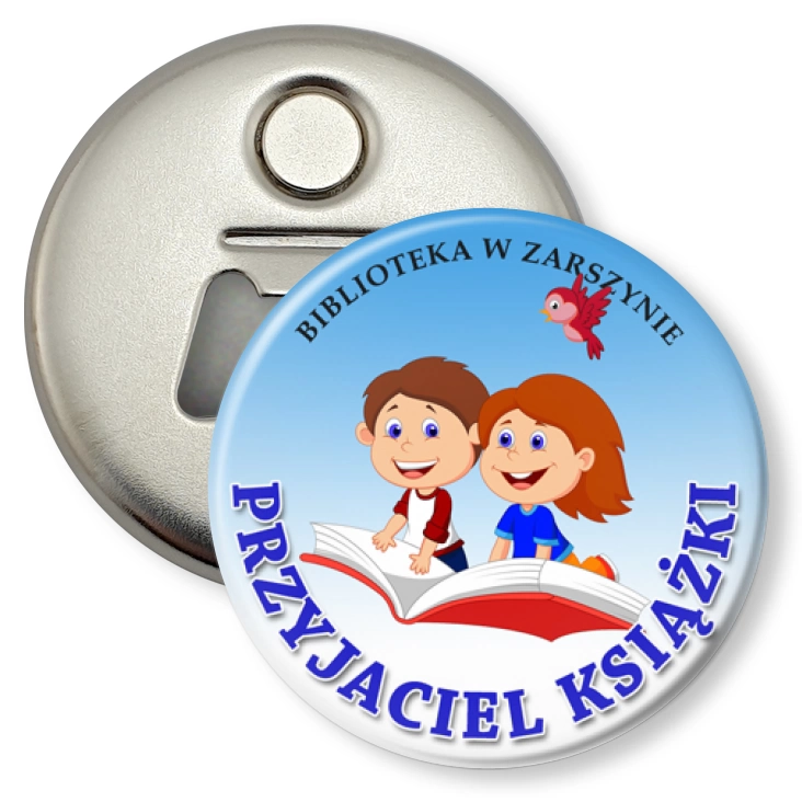 przypinka otwieracz-magnes Przyjaciel książki Biblioteka w Zarszynie