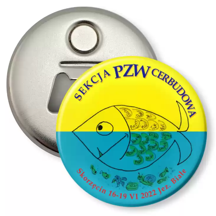 przypinka otwieracz-magnes PZW Cerbudowa jezioro Białe 2022