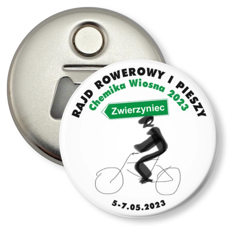 przypinka otwieracz-magnes Rajd Rowerowy i Pieszy Chemika Wiosna 2023