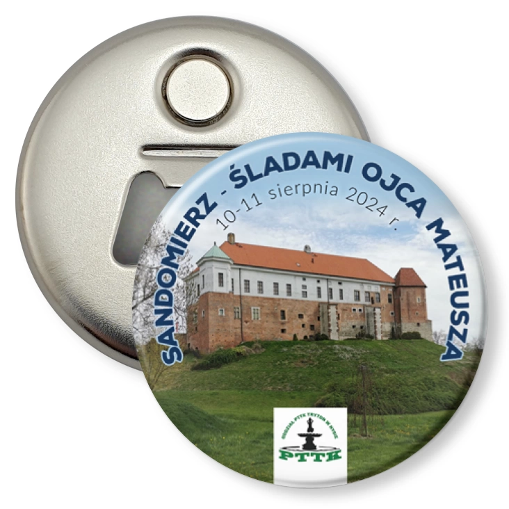 przypinka otwieracz-magnes Rajd Sandomierz - śladami ojca Mateusza