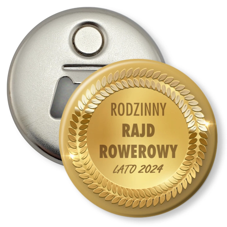 przypinka otwieracz-magnes Rodzinny Rajd Rowerowy na złotym tle