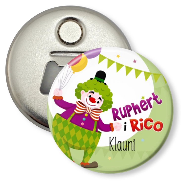 przypinka otwieracz-magnes Ruphert i Rico Klauni na miętowym tle