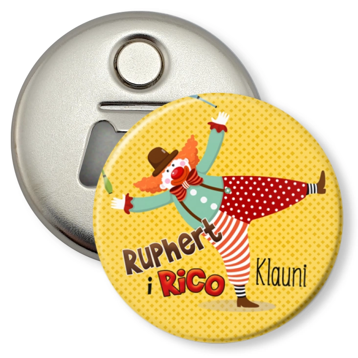 przypinka otwieracz-magnes Ruphert i Rico Klauni retro