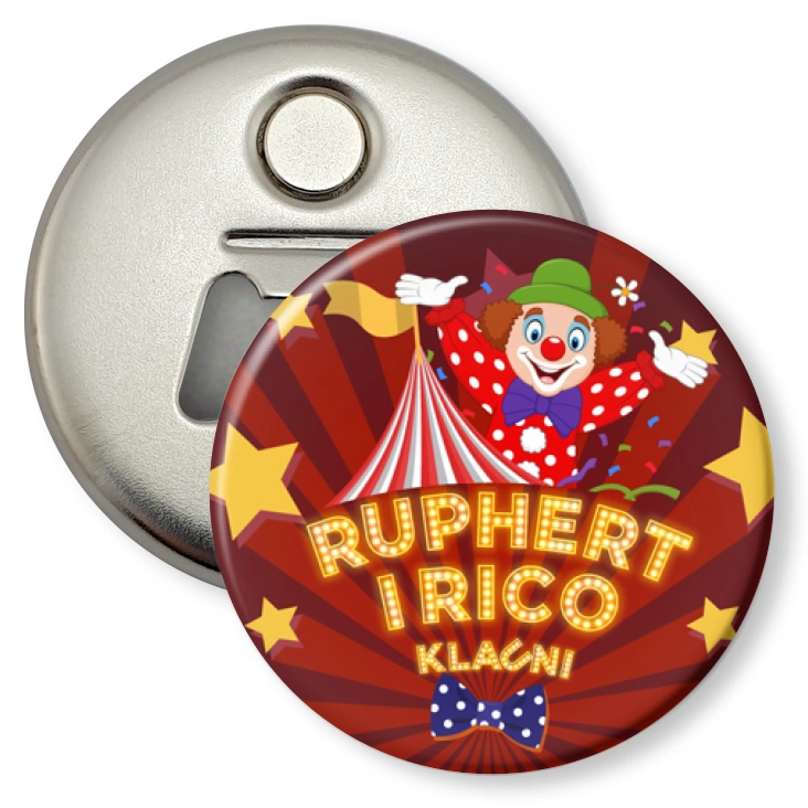 przypinka otwieracz-magnes Ruphert i Rico Klauni Show