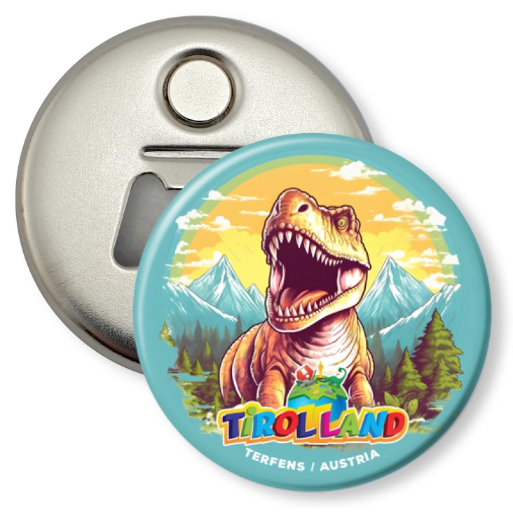 przypinka otwieracz-magnes Rysunkowy tyranozaur Tirolland