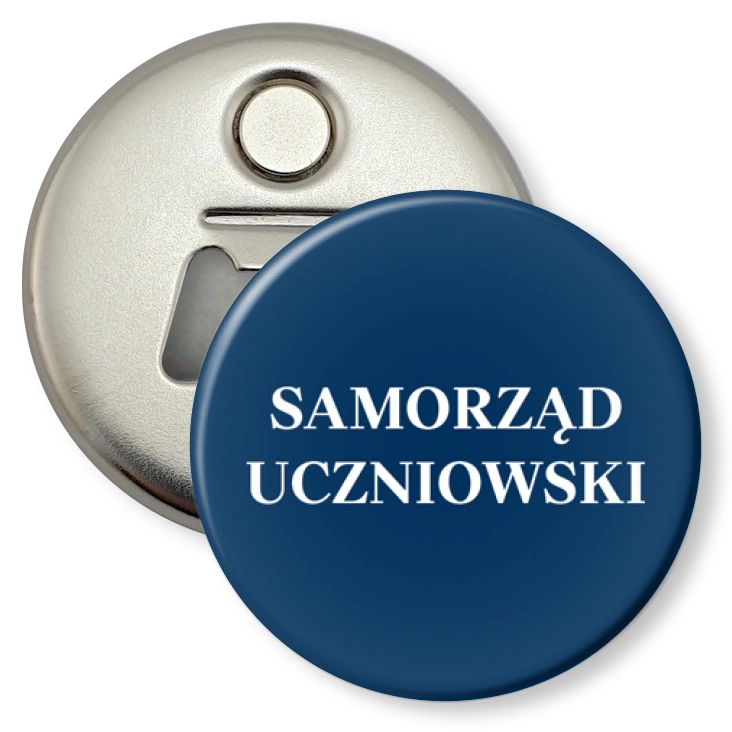 przypinka otwieracz-magnes Samorząd Uczniowski na niebieskim tle