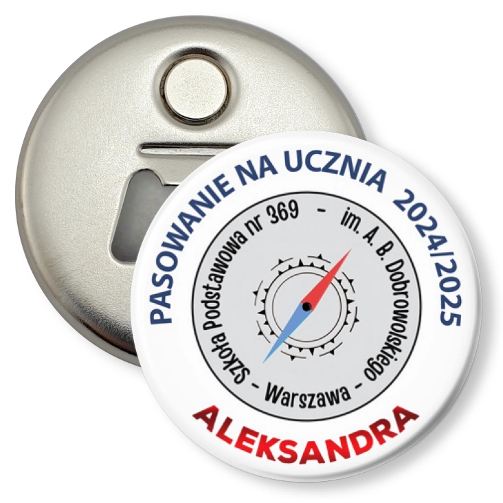 przypinka otwieracz-magnes SP 369 Warszawa Pasowanie na Ucznia