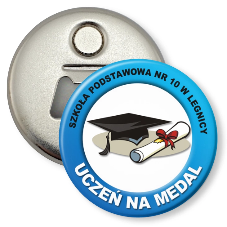 przypinka otwieracz-magnes SP nr 10 w Legnicy Uczeń na Medal