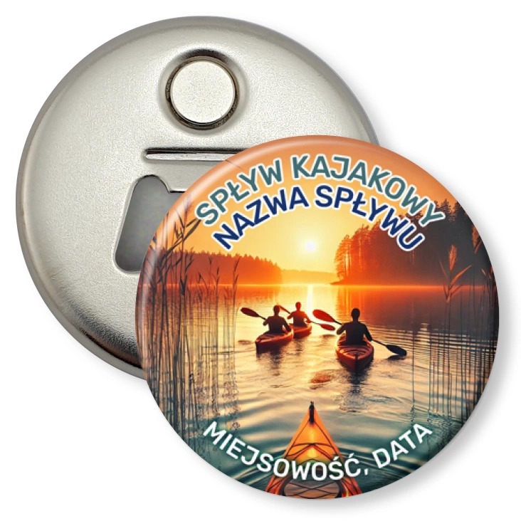 przypinka otwieracz-magnes Spływ kajakowy zachód słońca