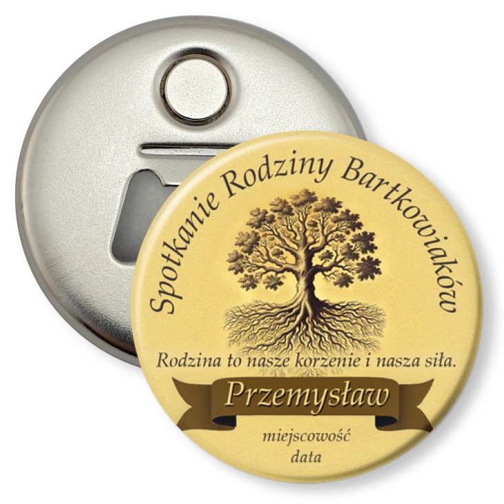 przypinka otwieracz-magnes Spotkanie rodziny z imieniem i dębem