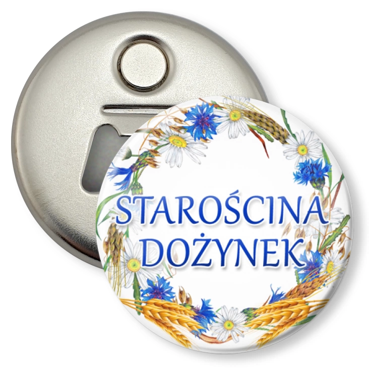 przypinka otwieracz-magnes Starościna dożynek wieniec z chabrami