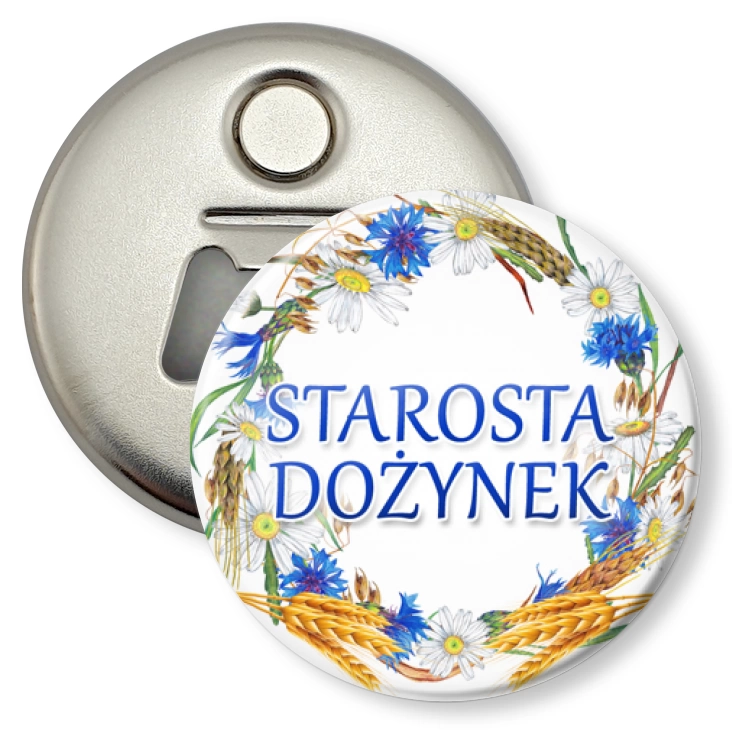 przypinka otwieracz-magnes Starosta dożynek wieniec z chabrami