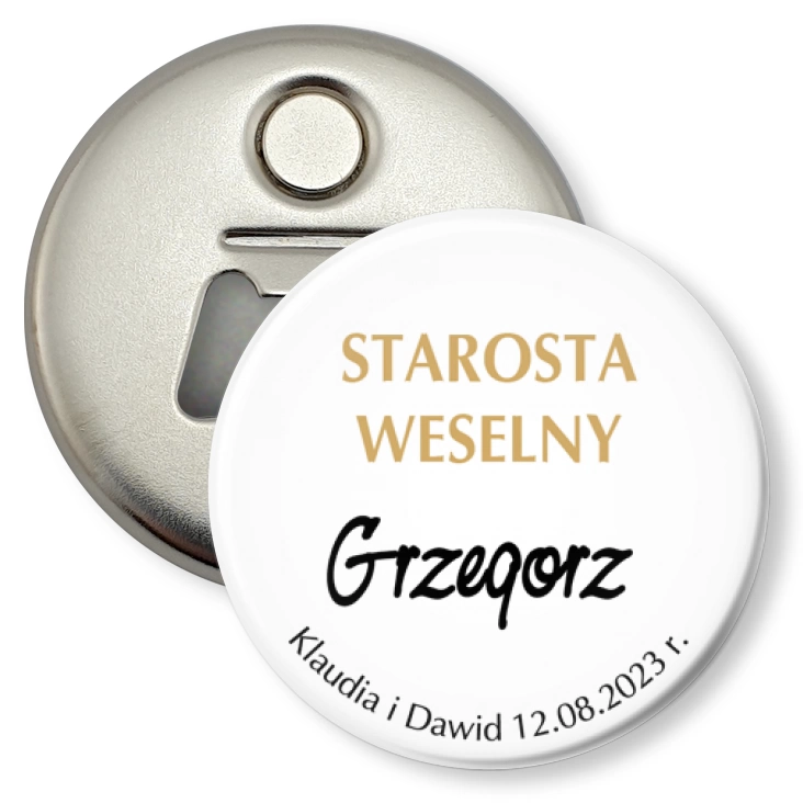 przypinka otwieracz-magnes Starostwa Weselny Grzegorz