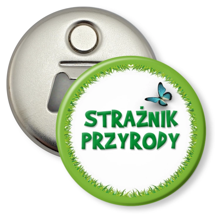 przypinka otwieracz-magnes Strażnik Przyrody trawa z motylem