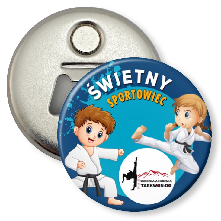 przypinka otwieracz-magnes Studencka Akademia Taekwondo