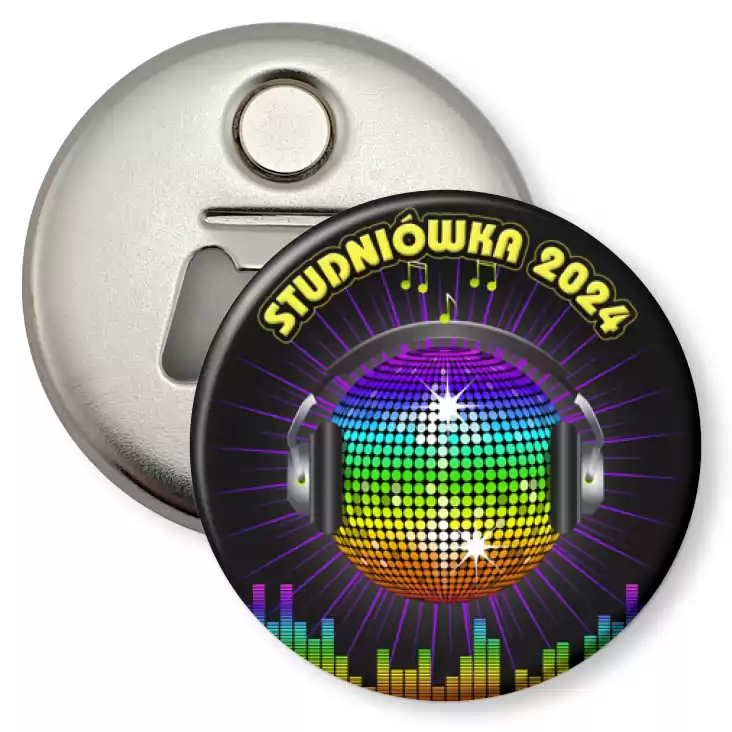 przypinka otwieracz-magnes Studniówka z kulą disco i słuchawkami