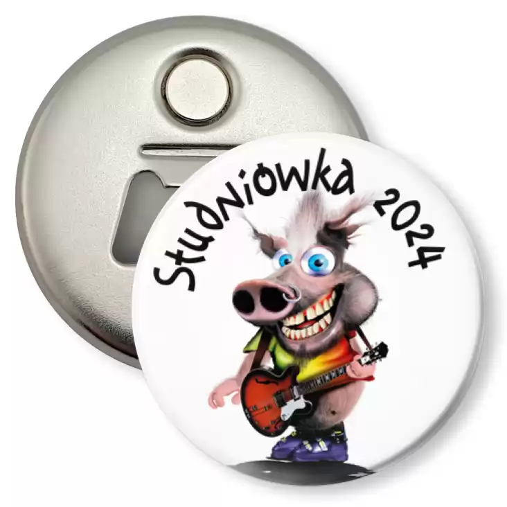 przypinka otwieracz-magnes Studniówka ze świnką gitarzystą punk