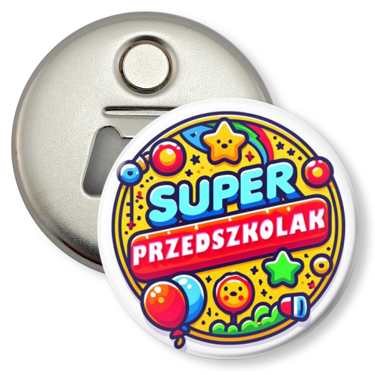 przypinka otwieracz-magnes Super Predszkolak na kolorowo