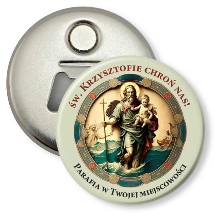 przypinka otwieracz-magnes Św. Krzysztofie chroń nas