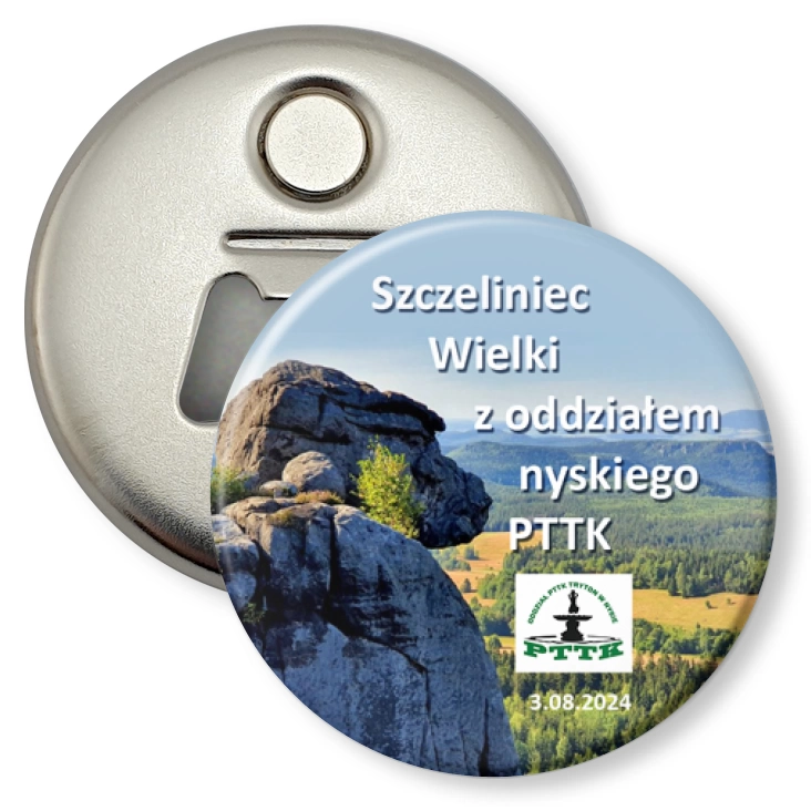 przypinka otwieracz-magnes Szczeliniec Wielki z oddziałem nyskiego PTTK