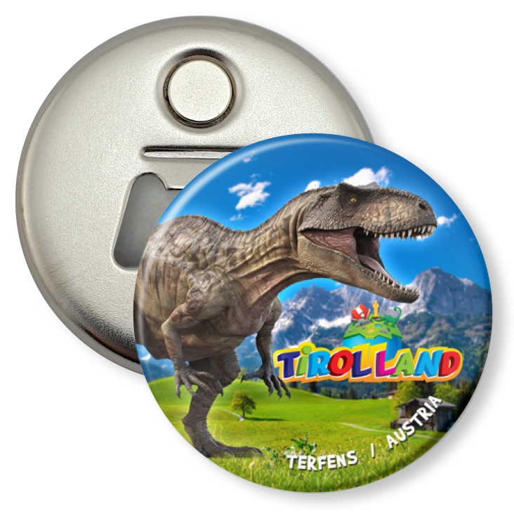 przypinka otwieracz-magnes Tirolland Tyranozaur na tle gór