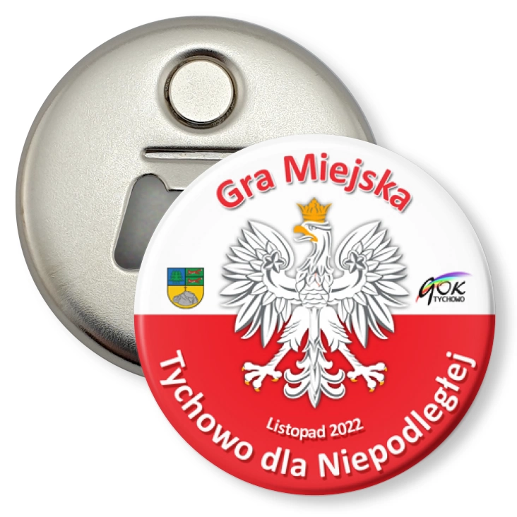 przypinka otwieracz-magnes Tychowo dla Niepodległej 2022
