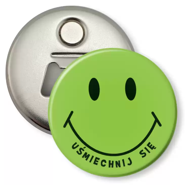 przypinka otwieracz-magnes Uśmiechnij się zielona buźka