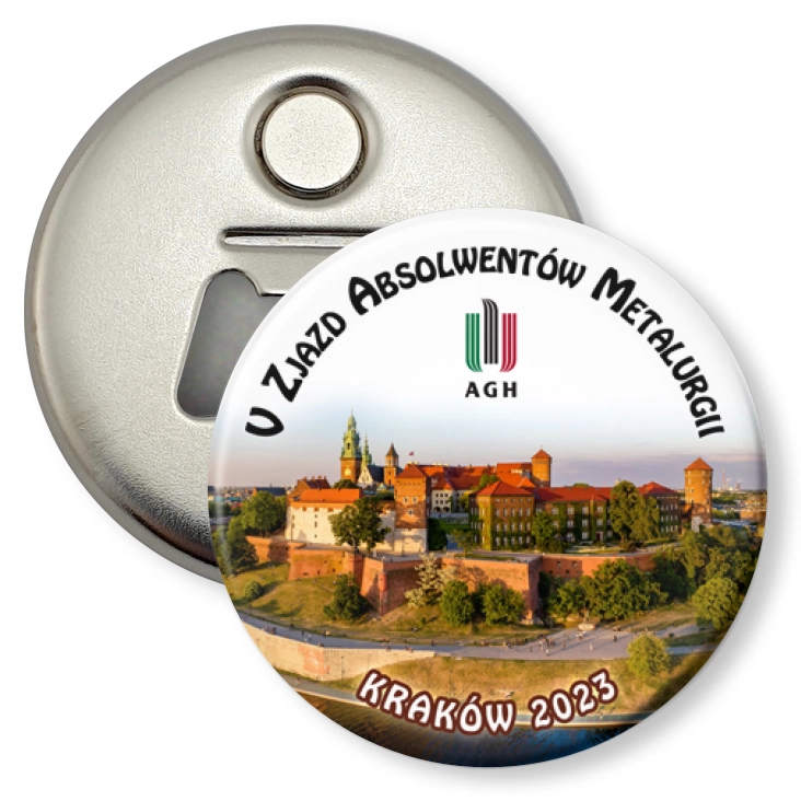przypinka otwieracz-magnes V Zjazd Absolwentów Metalurgii Kraków 2023