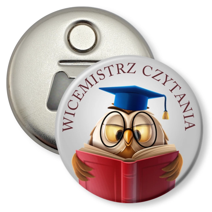 przypinka otwieracz-magnes Wicemistrz czytania sowa