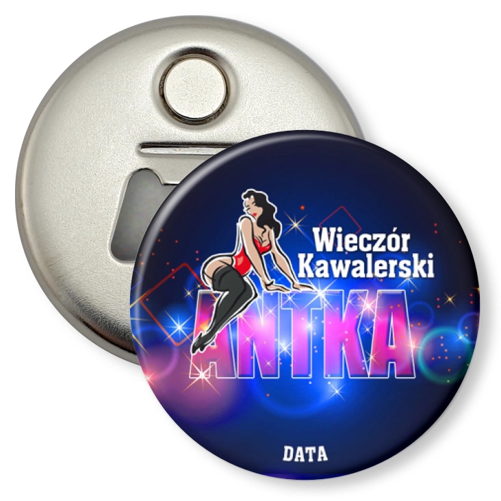 przypinka otwieracz-magnes Wieczó kawalerski z diablicą i imieniem