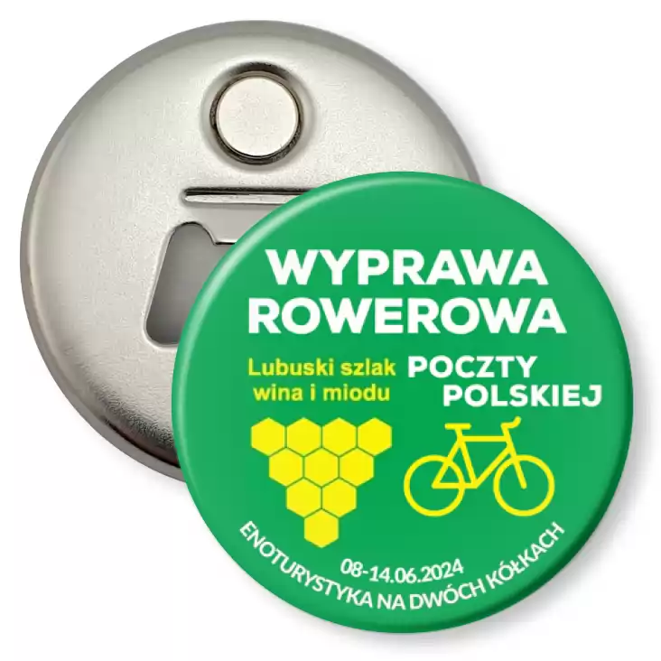 przypinka otwieracz-magnes Wyprawa rowerowa Poczty Polskiej 2024