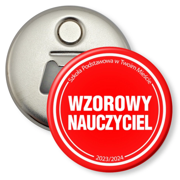przypinka otwieracz-magnes Wzorowy nauczyciel czerwone tło