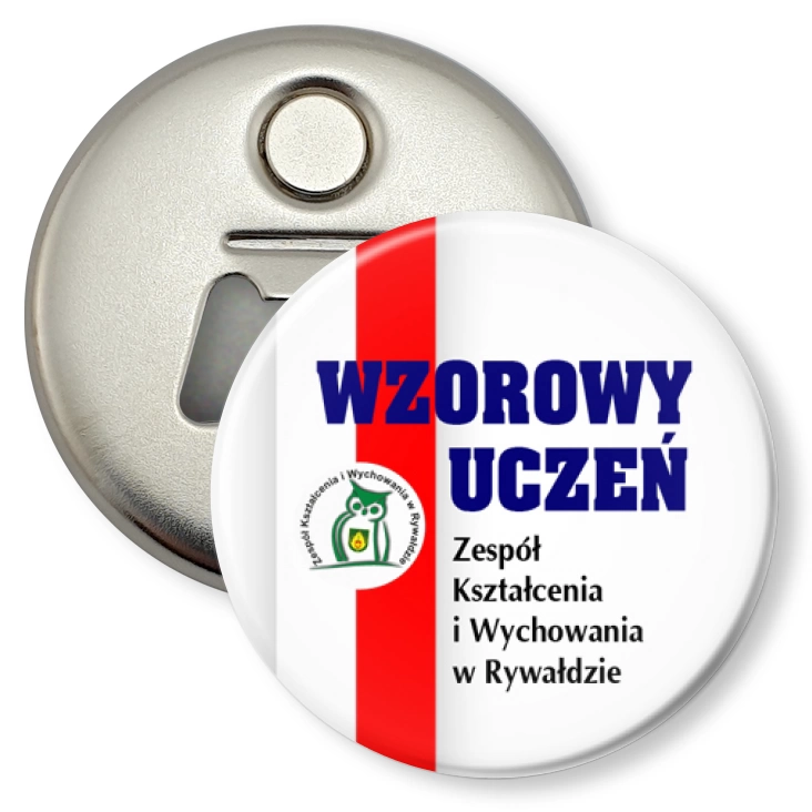 przypinka otwieracz-magnes Wzorowy Uczeń Zespół Szkół Kształcenia w Rywałdzie