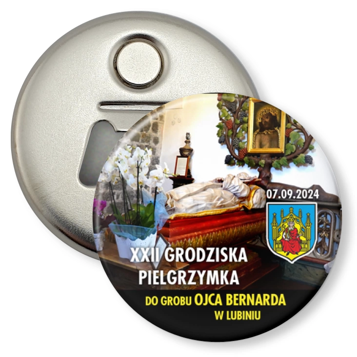 przypinka otwieracz-magnes XXII Grodziska Pielgrzymka do grobu ojca Bernarda w Lubiniu