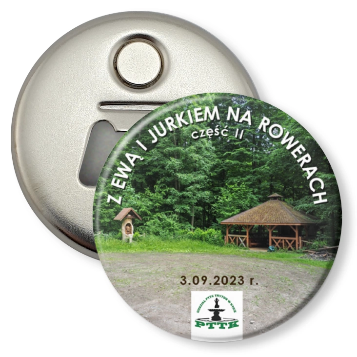 przypinka otwieracz-magnes Z Ewą i Jurkiem na rowerach część II