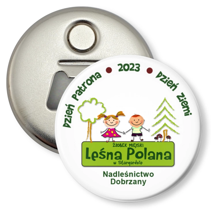 przypinka otwieracz-magnes Żłobek Leśna Polana Dzień Patrona