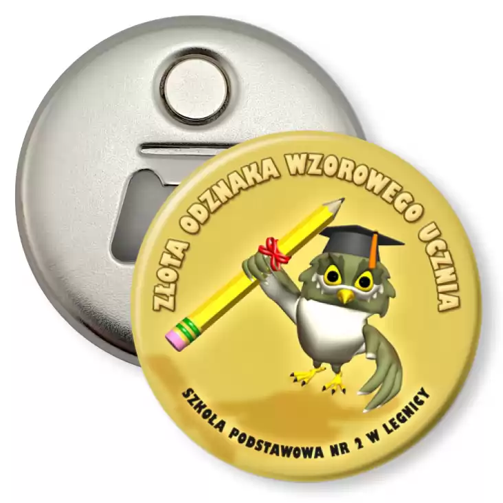 przypinka otwieracz-magnes Złota Odznaka Wzorowego Ucznia Legnica