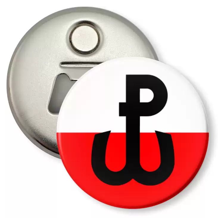 przypinka otwieracz-magnes Znak Polska Walcząca na biało-czerwonym tle