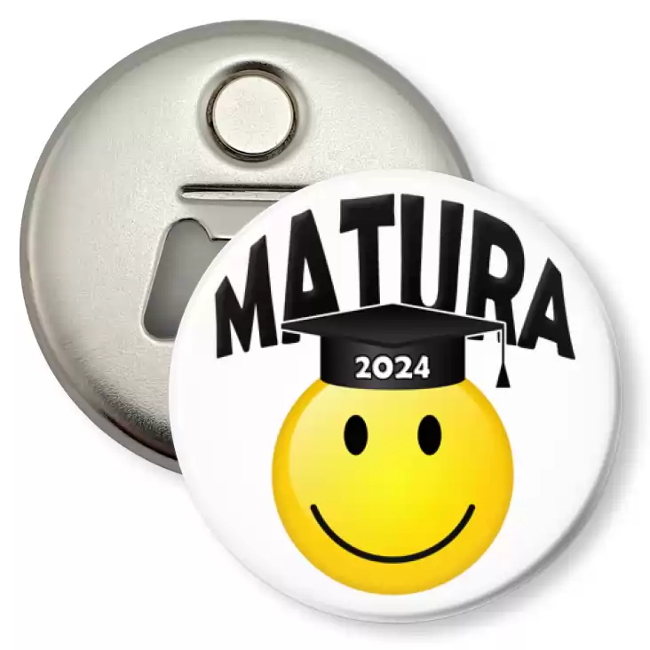 przypinka otwieracz-magnes Matura uśmiechnięta buźka w birecie